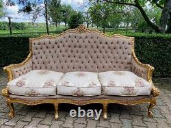 Majestic French Louis XVI Sofa Set in Luxe Tan Velvet Antique Luxury