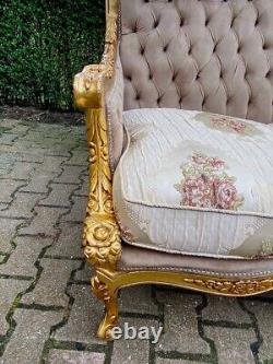 Majestic French Louis XVI Sofa Set in Luxe Tan Velvet Antique Luxury