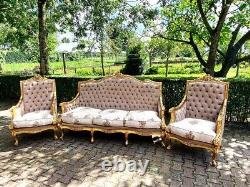 Majestic French Louis XVI Sofa Set in Luxe Tan Velvet Antique Luxury