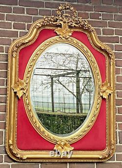 Mid 20th Century French Louis XVI Gold Wall Mirror With Ruby Red Velvet