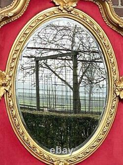 Mid 20th Century French Louis XVI Gold Wall Mirror With Ruby Red Velvet