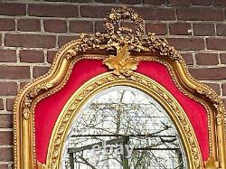 Mid 20th Century French Louis XVI Gold Wall Mirror With Ruby Red Velvet