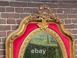 Mid 20th Century French Louis XVI Gold Wall Mirror With Ruby Red Velvet