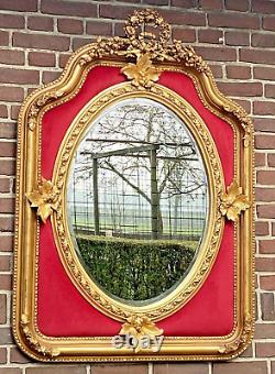 Mid 20th Century French Louis XVI Gold Wall Mirror With Ruby Red Velvet