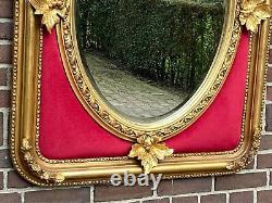 Mid 20th Century French Louis XVI Gold Wall Mirror With Ruby Red Velvet