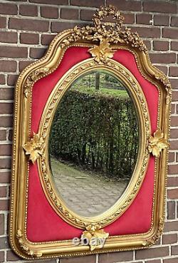 Mid 20th Century French Louis XVI Gold Wall Mirror With Ruby Red Velvet