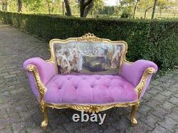 New French Louis XVI Style Settee in Pink Velvet and Gobelin