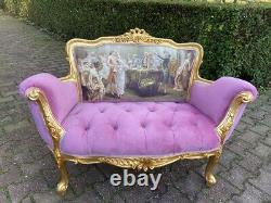 New French Louis XVI Style Settee in Pink Velvet and Gobelin