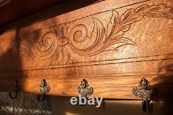 Old French Carved Solid Oak Coat Hat Rack Cherubs Angel Hooks wall shelf Kitchen