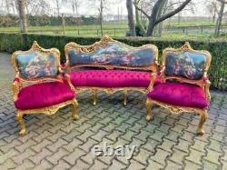 Old French Louis XVI Style Sofa in Gobelin and Fuchsia Velvet