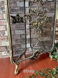 Ornate French Provincial Brass Fireplace Screen Rococo Louis XVI With Love Birds