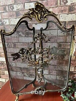 Ornate French Provincial Brass Fireplace Screen Rococo Louis XVI With Love Birds