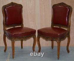 Oxblood Leather French Louis XV Style Salon Suite Walnut Armchairs & Sofa Settee