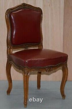 Oxblood Leather French Louis XV Style Salon Suite Walnut Armchairs & Sofa Settee