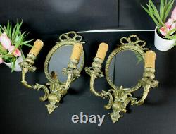 PAIR Antique French louis XVI bronze wall lights sconces with mirror