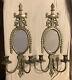 Pair Big Vintage Brass Mirrored Double Arm French Louis Xvi Candle Wall Sconces