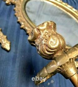 PAIR BIG Vintage Brass Mirrored Double Arm French Louis XVI Candle Wall Sconces