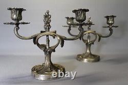PAIR Candle Holders Antique French Louis Bronze Silver plated 19th 24cm/9.5