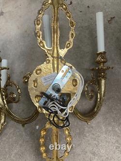 PAIR Cast Brass Electric French Louis XV Wall Sconce Fixtures 3 Arm Neoclassical