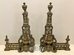 PAIR French BRASS Louis XVI-Style CHENETS Double Urns withKING's CROWN Decoration