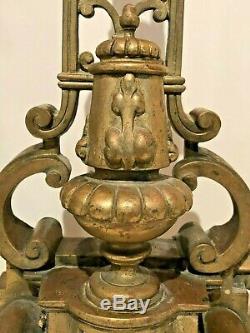 PAIR French BRASS Louis XVI-Style CHENETS Double Urns withKING's CROWN Decoration