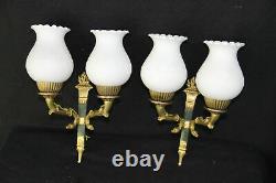 PAIR French Empire white louis XV glass shades Bronze swan wall lights sconces