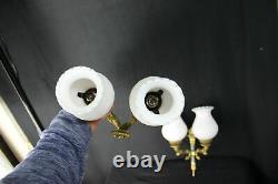 PAIR French Empire white louis XV glass shades Bronze swan wall lights sconces