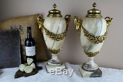 PAIR Huge French Marble Vases urns Ram heads bronze louis XVI decor 1900