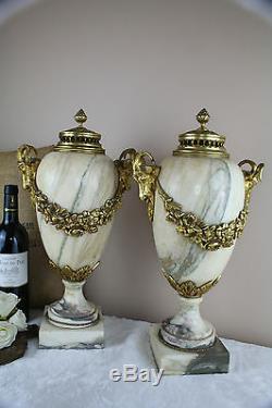 PAIR Huge French Marble Vases urns Ram heads bronze louis XVI decor 1900