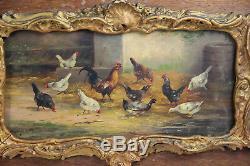 PAIR antique 19thc French oil panel painting chicken rooster farm louis XVI