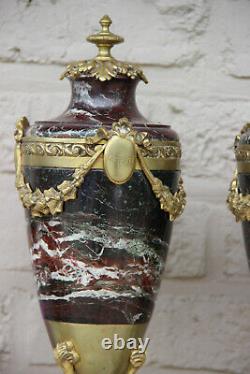 PAIR antique French Marble Louis XVI guirlandes Dolphin bronze base urns vases