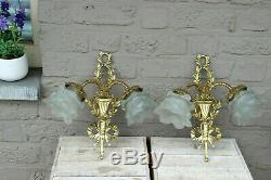 PAIR vintage French brass louis XVI Sconces wall lights tulip shades
