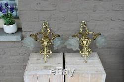 PAIR vintage French brass louis XVI Sconces wall lights tulip shades