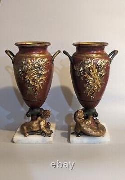 Pair 19th C Antique French Louis XVI Gilt Bronze Lioness Vase Sculpture Urn