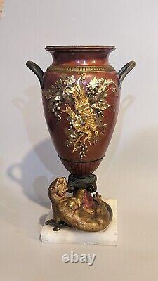 Pair 19th C Antique French Louis XVI Gilt Bronze Lioness Vase Sculpture Urn