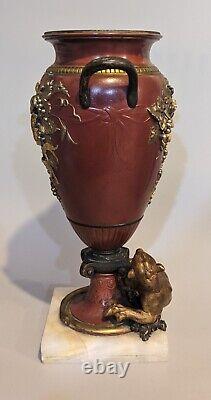 Pair 19th C Antique French Louis XVI Gilt Bronze Lioness Vase Sculpture Urn