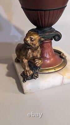 Pair 19th C Antique French Louis XVI Gilt Bronze Lioness Vase Sculpture Urn