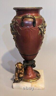 Pair 19th C Antique French Louis XVI Gilt Bronze Lioness Vase Sculpture Urn