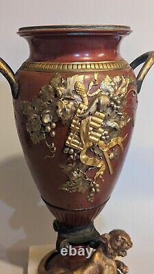 Pair 19th C Antique French Louis XVI Gilt Bronze Lioness Vase Sculpture Urn