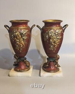 Pair 19th C Antique French Louis XVI Gilt Bronze Lioness Vase Sculpture Urn