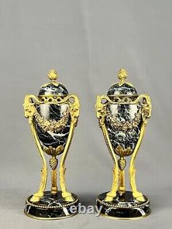 Pair 19th Century French Louis XVI Gilt Bronze 13 Ram Head Marble Cassolettes