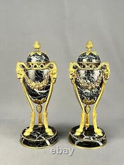 Pair 19th Century French Louis XVI Gilt Bronze 13 Ram Head Marble Cassolettes