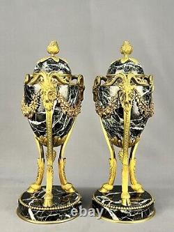 Pair 19th Century French Louis XVI Gilt Bronze 13 Ram Head Marble Cassolettes