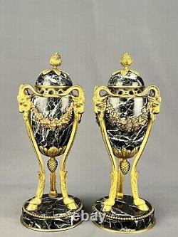 Pair 19th Century French Louis XVI Gilt Bronze 13 Ram Head Marble Cassolettes