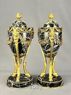 Pair 19th Century French Louis XVI Gilt Bronze 13 Ram Head Marble Cassolettes