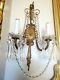 Pair 2 Arms Brass French Louis Antique Wall Light Sconces Ribbon Swag Crystals