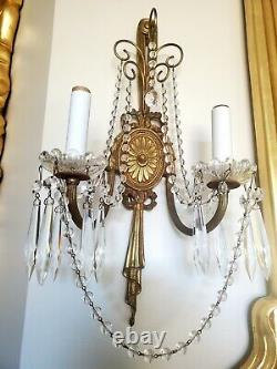 Pair 2 Arms brass French Louis Antique Wall Light Sconces Ribbon Swag Crystals
