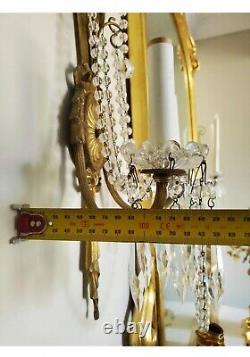 Pair 2 Arms brass French Louis Antique Wall Light Sconces Ribbon Swag Crystals