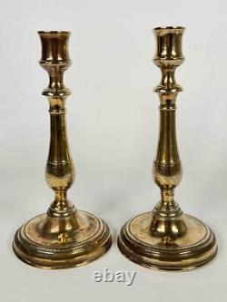 Pair Antique 18thC Early French Louis XIV Regence Etched Brass Candlesticks