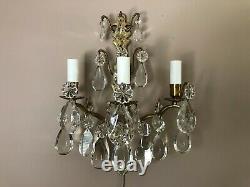 Pair Antique French Crystal & Brass Sconces Three Light Louis XVI Style Wired
